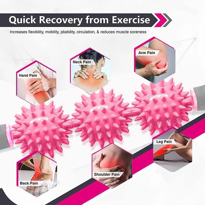 Fascia Muscle Roller, Cellulite Massager Fascia Roller for Cellulite and Sore Muscles, Neck, Leg, Back, Pressure Trigger Point Body Roller Deep Tissue Massage Stick Tools - 3 Massage Balls - color: Rose Red