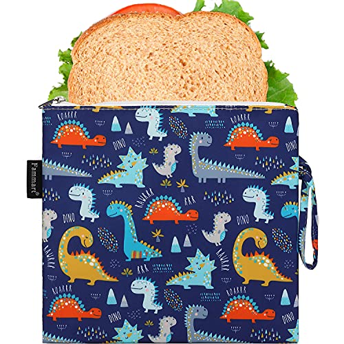 Fammart Reusable Sandwich Bag/Snack Bag for Kids & Adults, Dual Layer Lunch Bag with Handle, Cosmetic Bag Makeup Travel Bag for Women Girls, Washable, Food Safe, BPA Free (1-Pack, Dinosaur) - color: Large, 1 Pack - Dinosaur