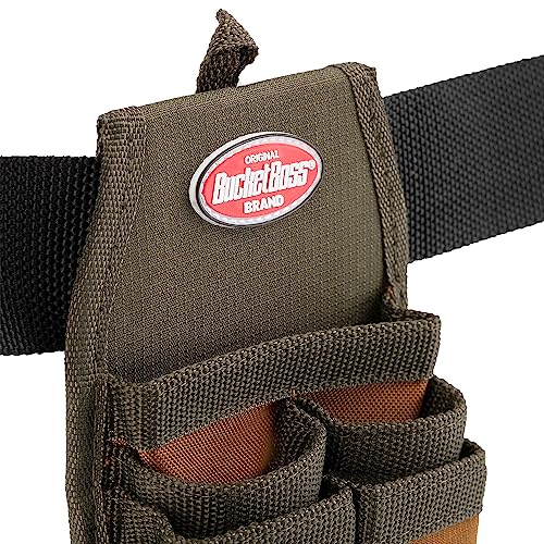 Bucket Boss Four-Barrel Tool Sheath with FlapFit to Fit Instantly Over a Belt or Into a Pants Pocket, with 5 Tool Pockets and 2 Loops, and Metal Tape Clip, in Brown, 54184