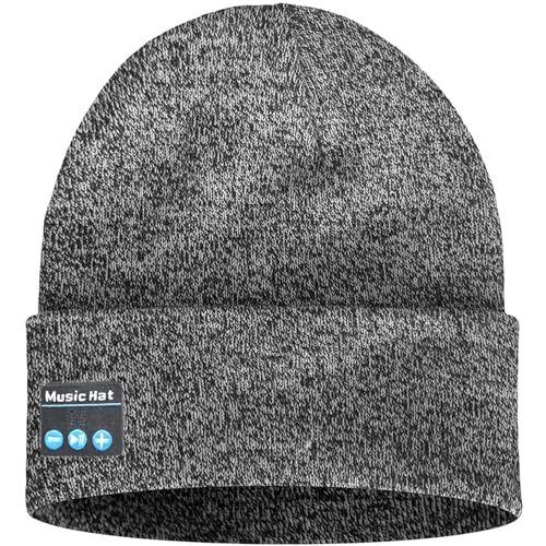 ATNKE LED Lighted Bluetooth Beanie Hat,USB Rechargeable 4 LED Wireless Music Running Headlamp Cap Gift for Men and Women - color: #Blended Black White