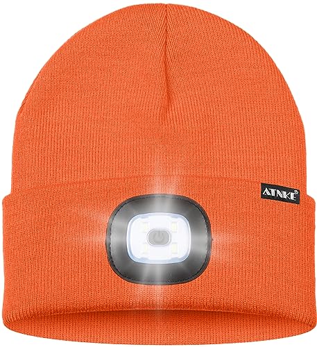 ATNKE LED Lighted Bluetooth Beanie Hat,USB Rechargeable 4 LED Wireless Music Running Headlamp Cap Gift for Men and Women - color: #Bright Orange