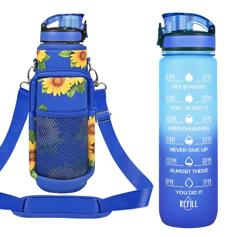 32 oz Water Bottles with Strap & Straw, Sport Motivational Water Bottles - color: Sunflowers