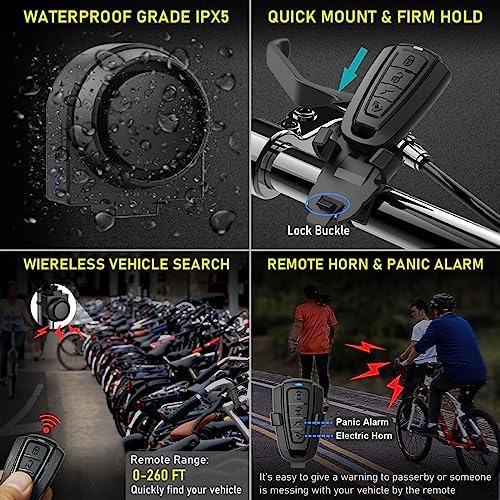 PADONOW Wireless Remote Bike Alarm: 115dB Super Loud Bicycle Vibration Motion Sensor Siren Anti Theft Security System Motorcycle Alarm Waterproof USB-C Rechargeable Multipurpose Vehicle Alert Device
