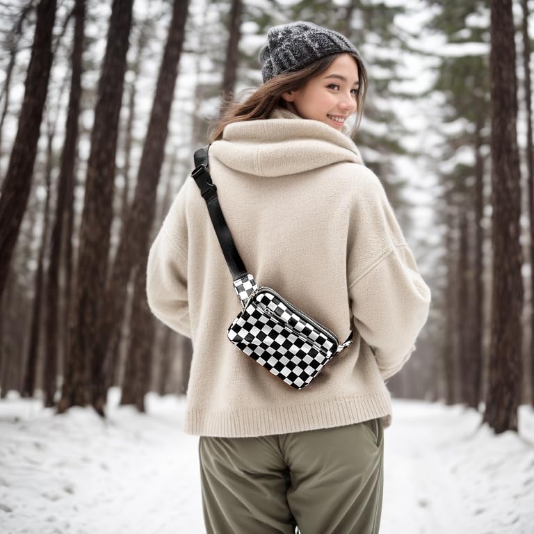 UTO Fanny Pack Crossbody Belt Purse Chest Waist Hip Travel Hiking Bumbag - color: 0759 Silver Zip Checkered