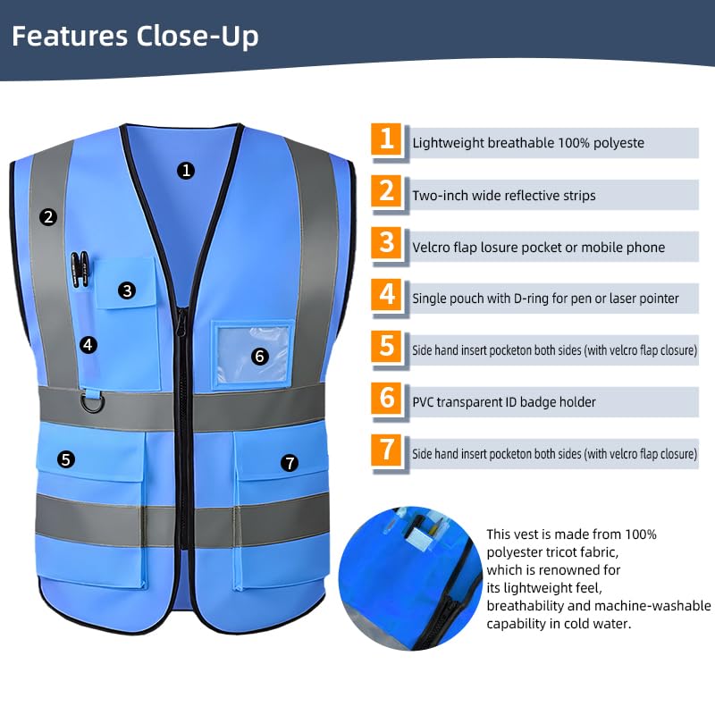 Safety Vest High Visibility Reflective Construction Vest - color: Blue, size: Large