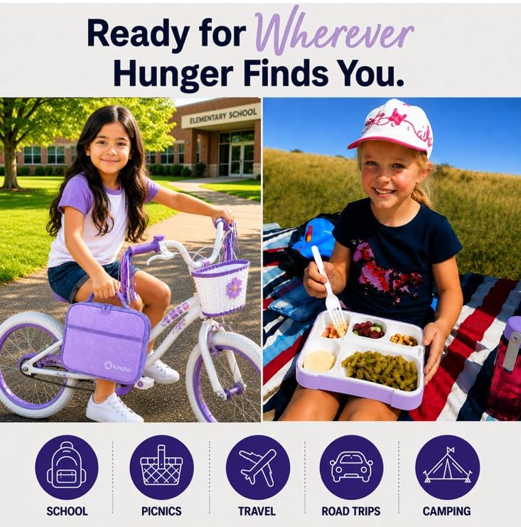 kinsho Bento Lunch Box, Ice Pack Insulated Bag for Kids Girls Teens, Purple - color: Purple