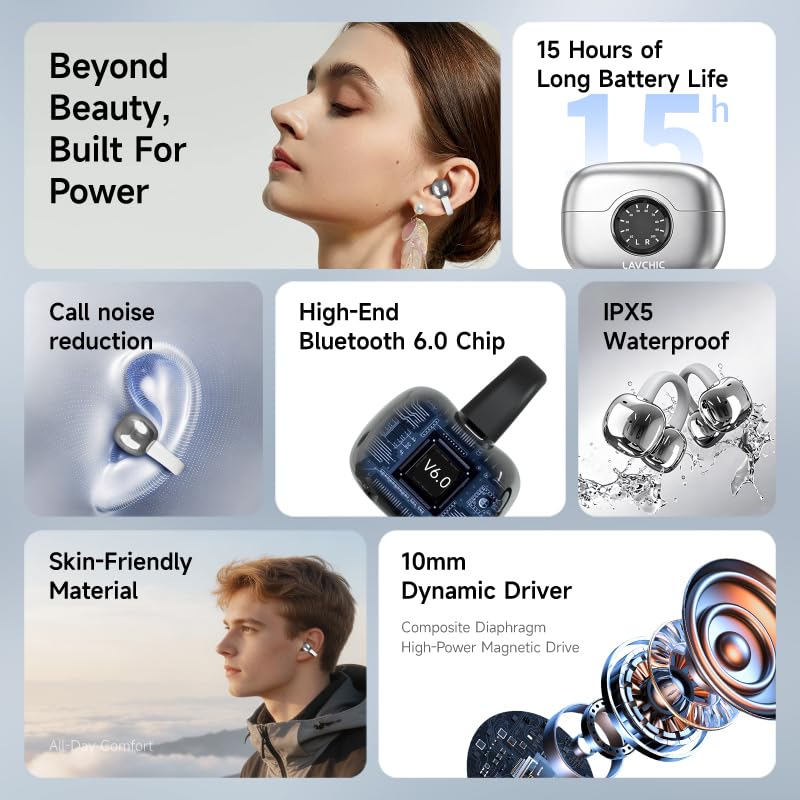 A80 Open Ear Earbuds, Clip On Wireless Headphones with Microphone - color: Silver