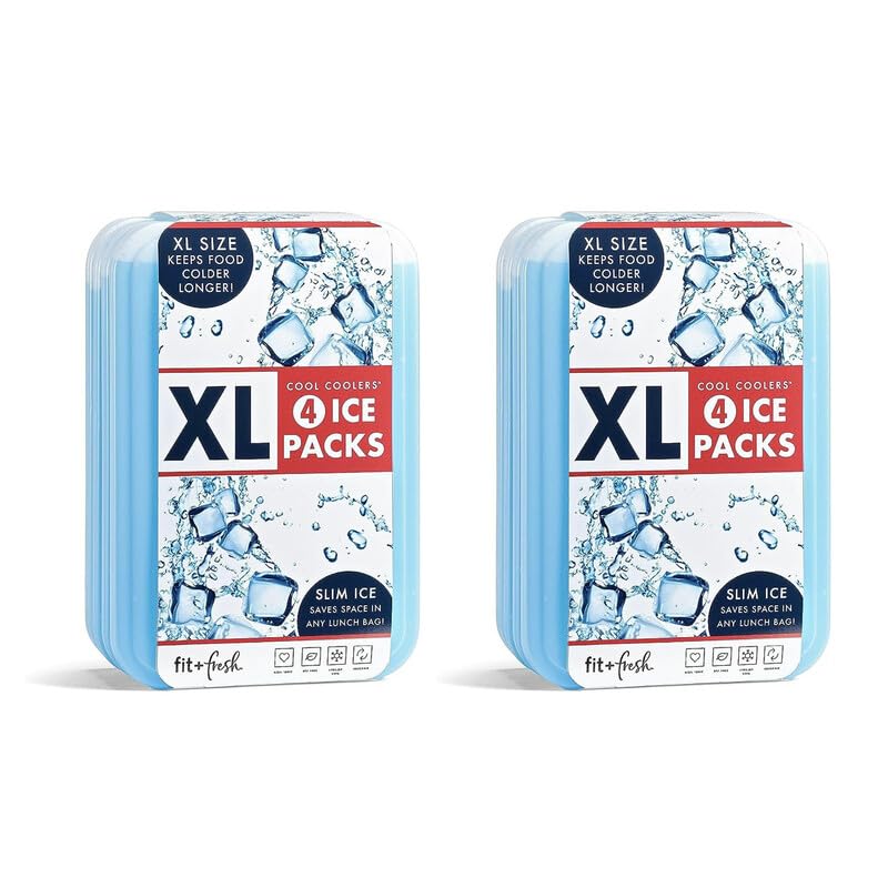 Cool Coolers by Fit & Fresh 4 Pack XL Slim Ice Packs, Quick Freeze Space Saving Reusable Ice Packs for Lunch Boxes or Coolers - color: Clear Blue (8 Pack)
