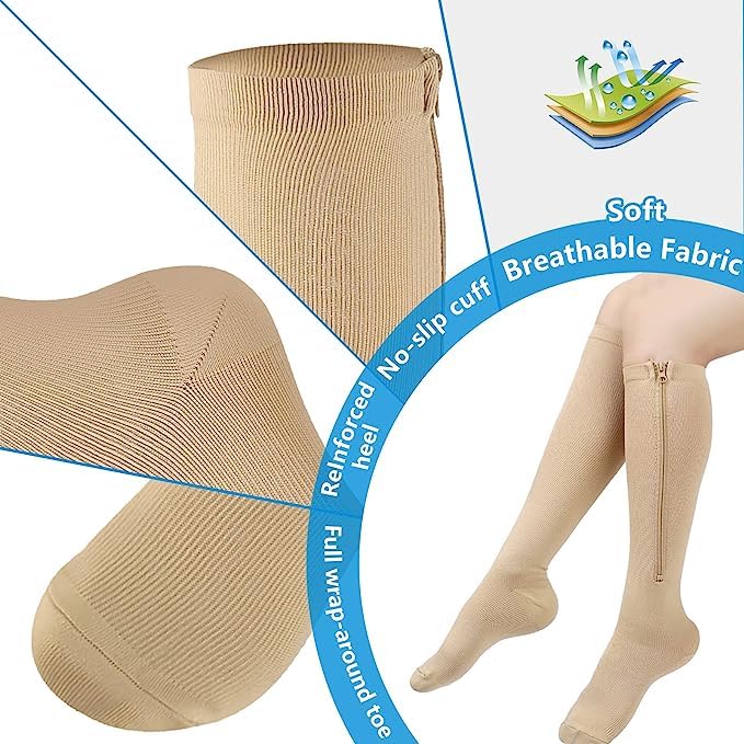 cerpite Zipper Compression Socks, 2 Pairs 15-20 mmHg Closed Toe Compression Stockings for Men Women - color: Beige Copper, size: Small-Medium