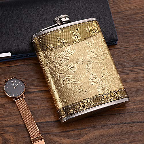 Golden pattern 8 Oz Flask Gift Hip Flask Stainless Steel(304/18-8 SS).Bonus 2 Shot Glass+1Funnel+1Giftbox.Flask Leak Proof Tested.Flask for Liquor/Alcohol.Flask for Men/Women