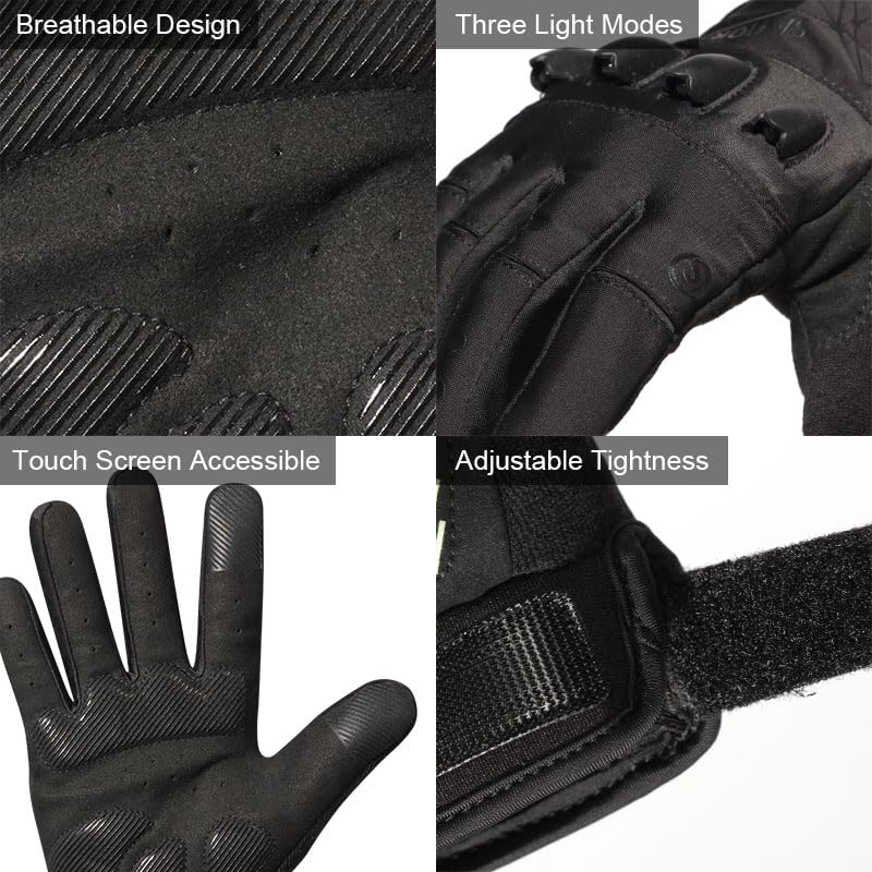 Rechargeable 4 LED Flashlight Full Finger Cycling Gloves for Men,Size XL - color: Black, size: Xlarge