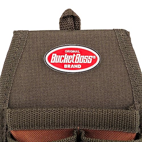 Bucket Boss Four-Barrel Tool Sheath with FlapFit to Fit Instantly Over a Belt or Into a Pants Pocket, with 5 Tool Pockets and 2 Loops, and Metal Tape Clip, in Brown, 54184
