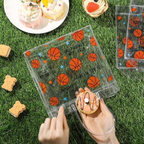 Aliceset 12 Pcs Basketball Gift Bags Bulk Transparent Basketball Goodie Bags with Handles Reusable PVC Gift Totes for Game Day Sports Birthday Parties Team Events Gifts Treat - style: Basketball