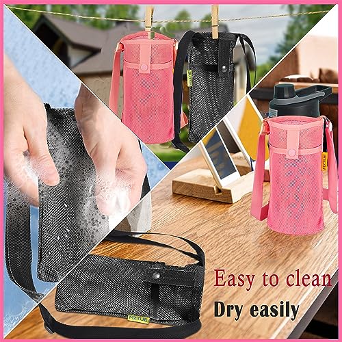 Hands Free Water Bottle Carrier with Strap for Hiking, Walking - color: pink & black