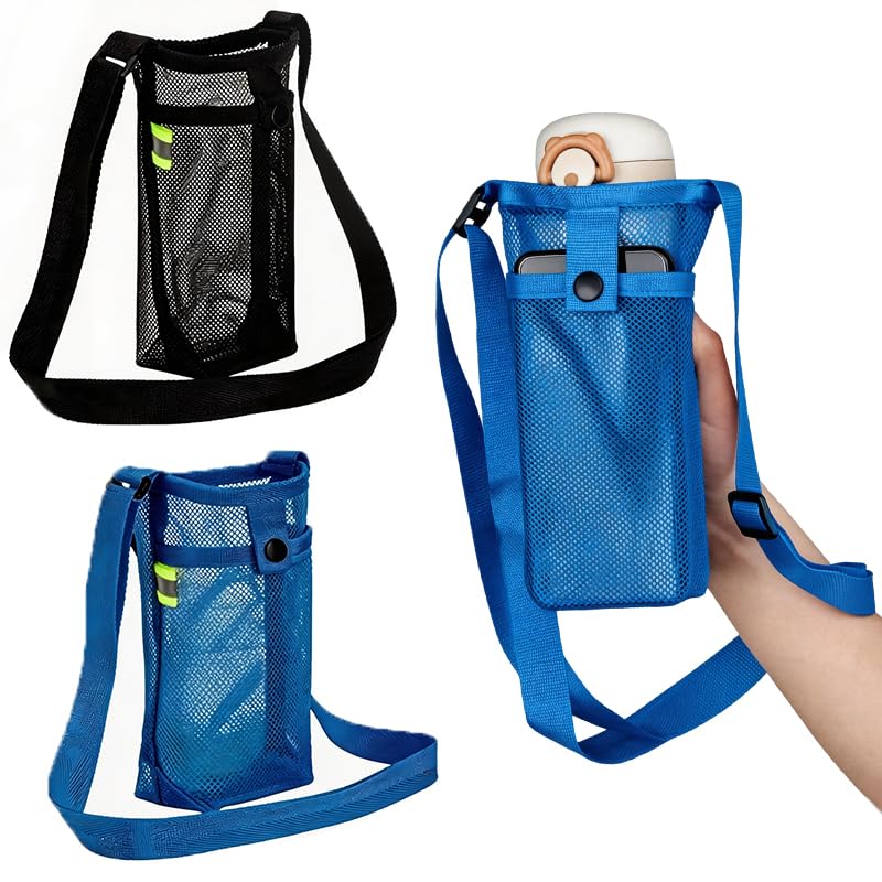 2 Pack Bottle Holder - Mesh Sling with Adjustable Shoulder Strap - Light Water Bottle Carrier with Pocket for Men Women Sports Gym Outdoor Walking Hiking Camping