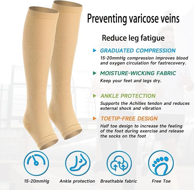 Toeless Compression Socks 15-20 mmHg, 2 Pairs open toe Knee High Support - color: B - Beige, size: Small-Medium