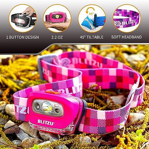 BLITZU, Hands-Free Headlamp, Long Range, Non-Slip Grip, High Power, Impact Resistant, Adjustable Light Modes, Battery Powered, Pink - color: Pink