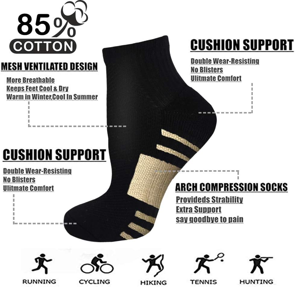 Iseasoo Ankle Compression Socks for Women Men, 5 Pairs Copper Running Socks - color: A07-5 Black, size: Small-Medium
