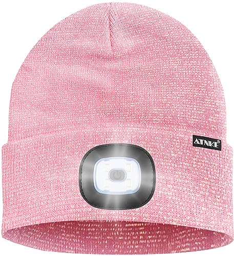 ATNKE LED Lighted Bluetooth Beanie Hat,USB Rechargeable 4 LED Wireless Music Running Headlamp Cap Gift for Men and Women - color: #Blended Pink Goldwire