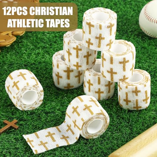Geiserailie 12 Pack Christian Athletic Tapes 2 Inch x 5 Yards, White Gold - color: White and Gold