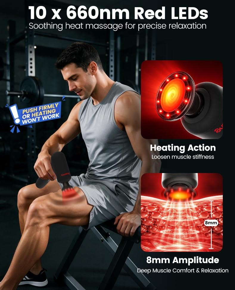 2-in-1 Detachable Massage Gun with Heat, Muscle Massager with Long Handle