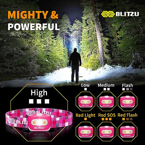 BLITZU, Hands-Free Headlamp, Long Range, Non-Slip Grip, High Power, Impact Resistant, Adjustable Light Modes, Battery Powered, Pink - color: Pink