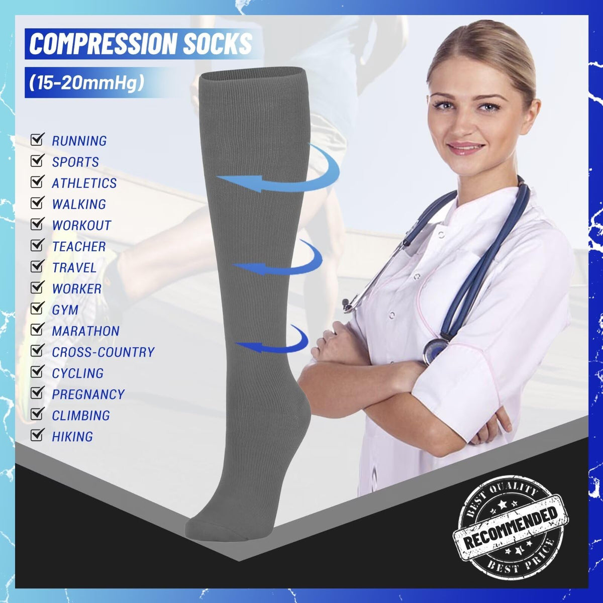 3 Pairs Compression Socks for Women & Men 15-20 mmHg, Knee High - color: 05 Black/Gray/White, size: Large-X-Large
