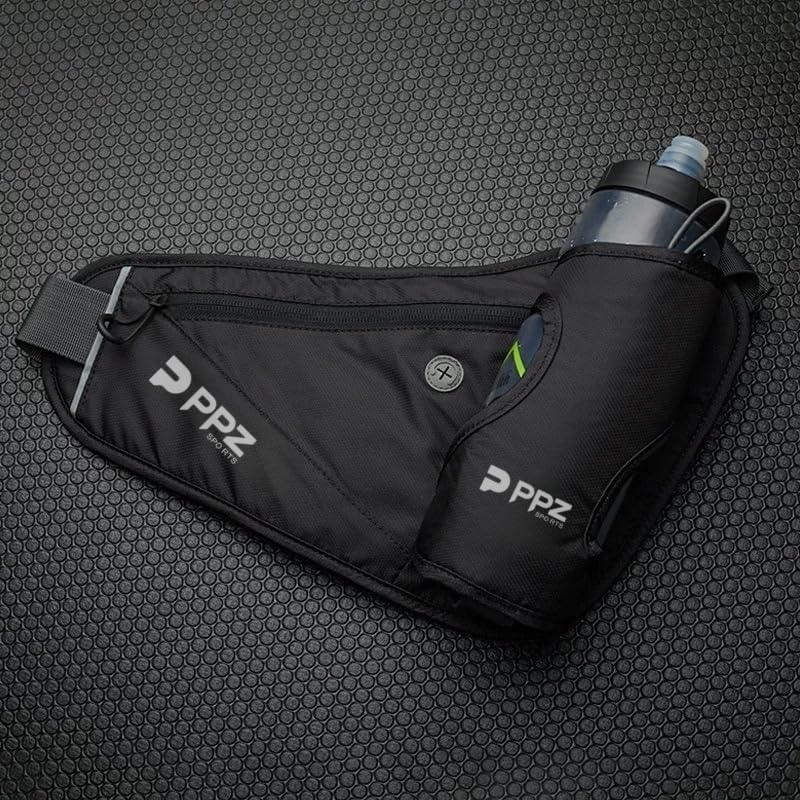 PPZ sports waist bag with bottle rack, waterproof, 2 pockets, adjustable belt - suitable for running, fitness, jogging and outdoor activities (black)