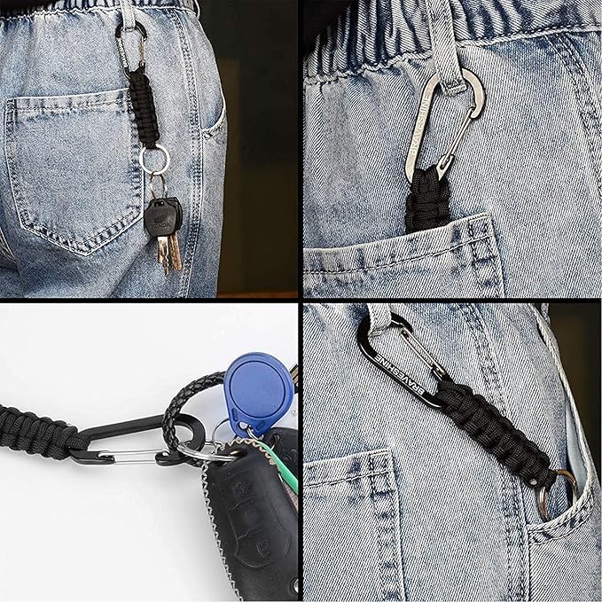 BRAVESHINE Paracord Keychain Carabiner Clip | D Ring Hanger Lanyard Hook - color: 1 Black 1 Green
