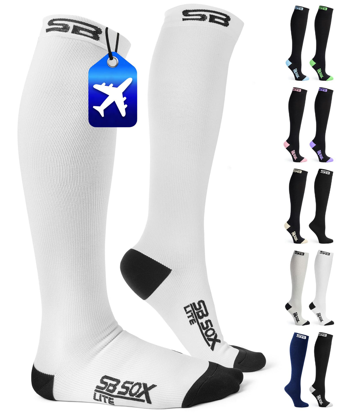 SB SOX Lite Compression Socks for Flying (15–20 mmHg) - color: White/Black, size: S/M